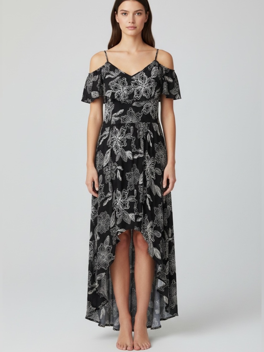 Rewind Black & White Floral Cold-Shoulder High-Low Dress